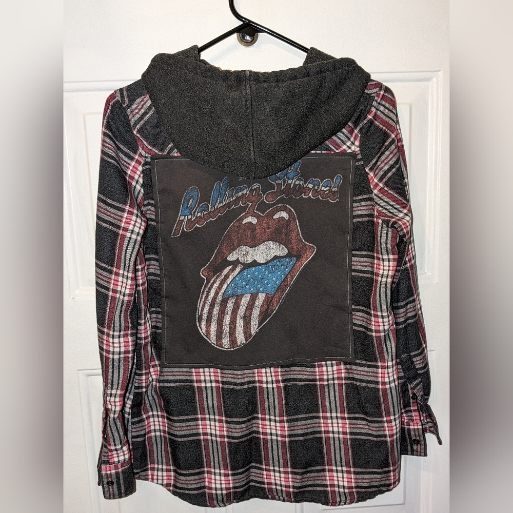 Rolling Stones Upcycled Flannel Shirt With Hood